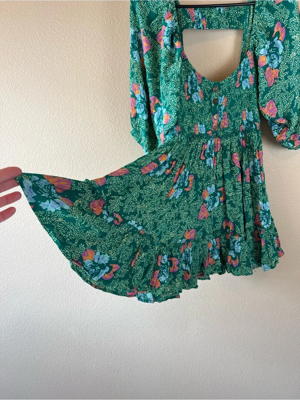 Free People Smocked Printed Picnic Mini Dress Green